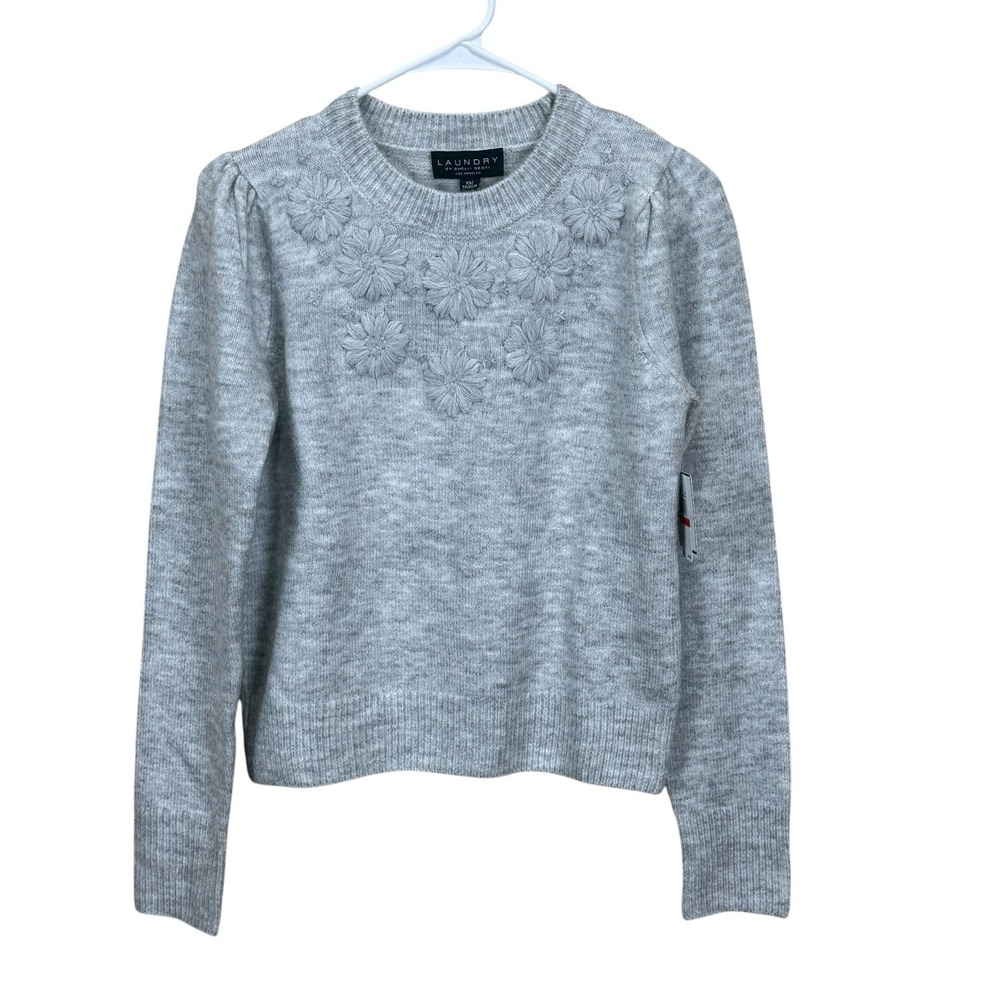 Laundry Shelli Segal Womens Crew Neck Floral Embroidered Sweater Gray XS NWT